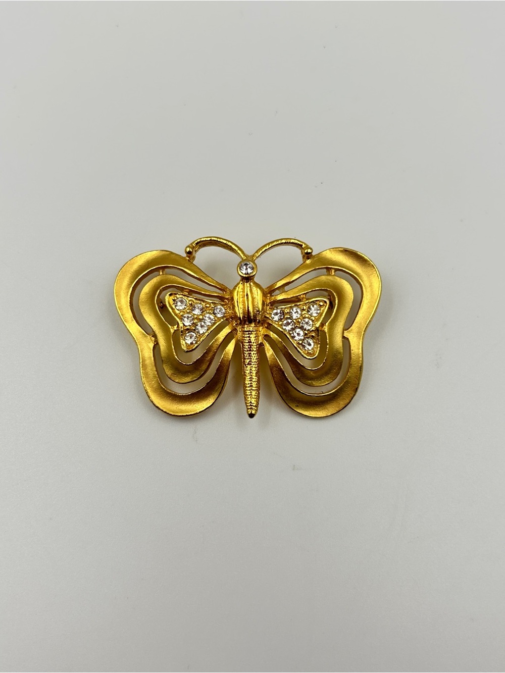 Vintage Don-Lin Butterfly Brooch Pin Gold Tone Clear Rhinestones